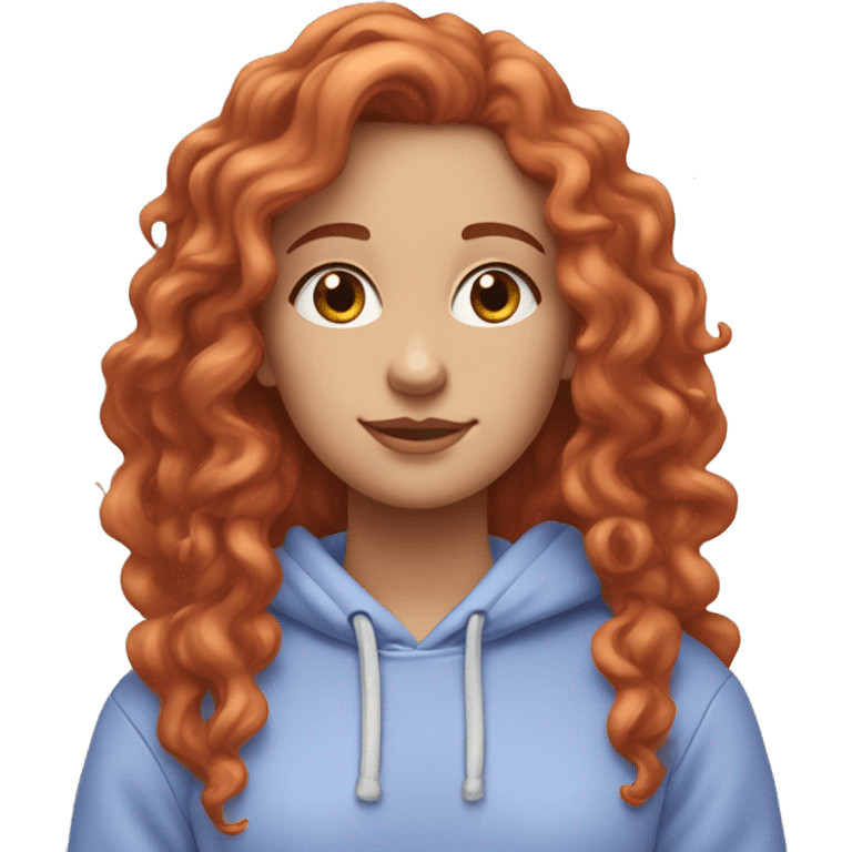 a white girl with long red curly hair, wearing a pastel periwinkle hoodie doing a pose emoji