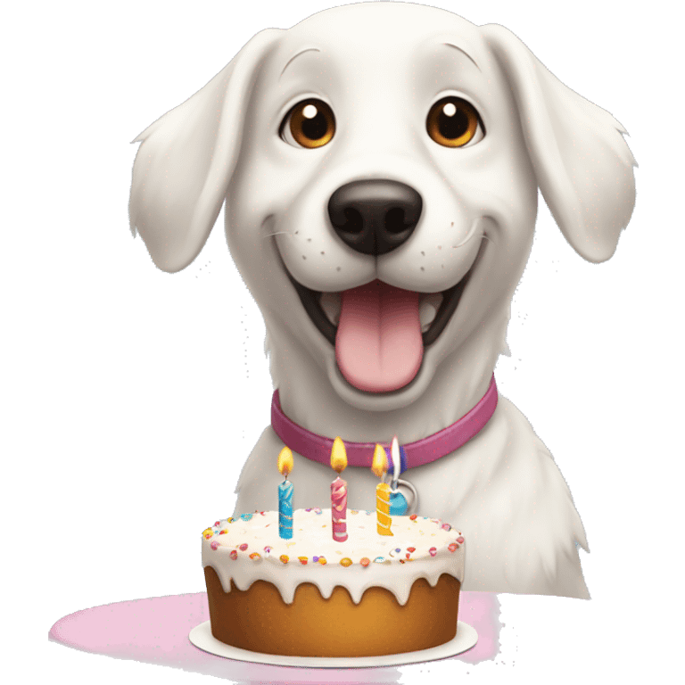 Happy white dog next to a birthday cake emoji