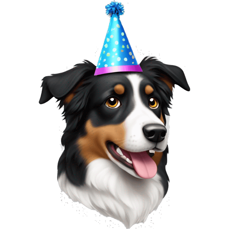 Black and white Australian Shepherd dog wearing a party hat emoji