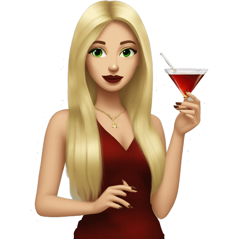 white, honey blonde long hair pretty girl with green eyes, smoking a cigarette and a martini in hand, dark red nails, looking cool  emoji