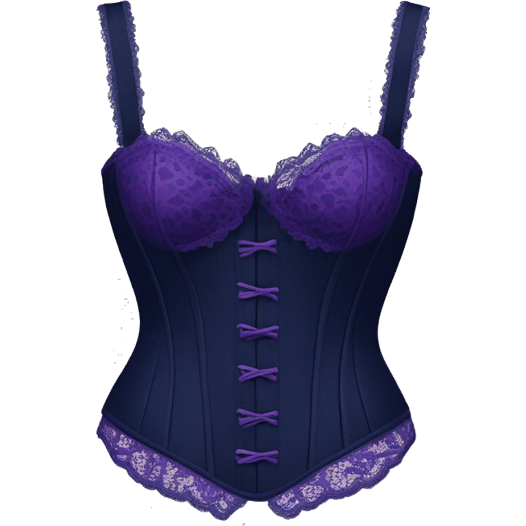 Realistic isolated side view of a navy blue  bustier with purple lace and straps. emoji