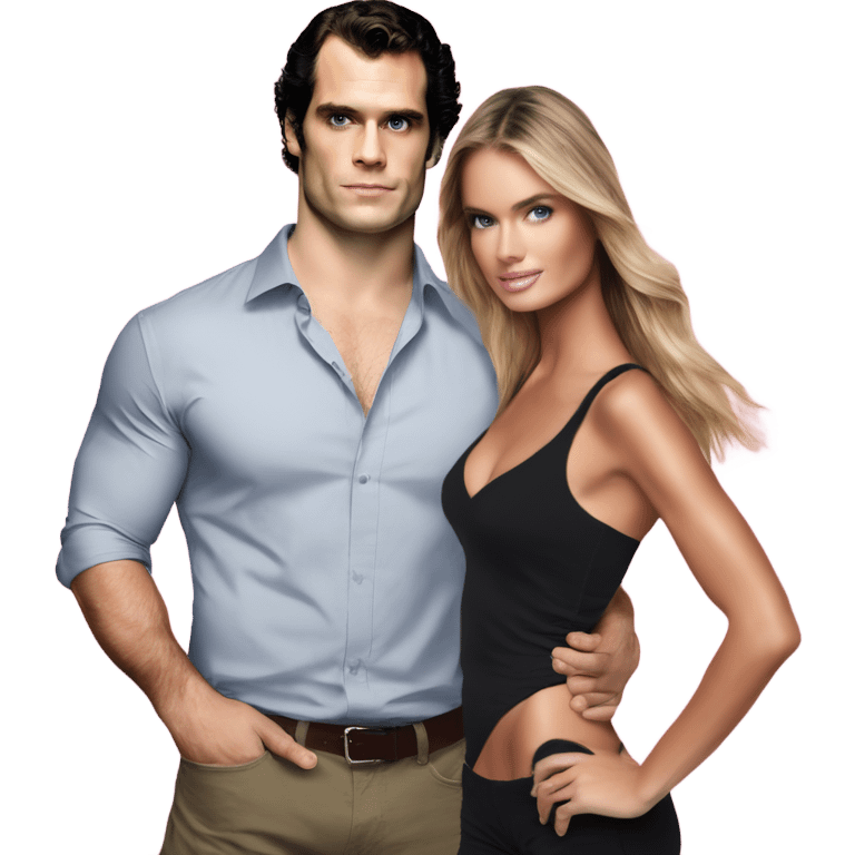 realistic photo of Henry Cavill close under a beautiful  victoria secret model  emoji