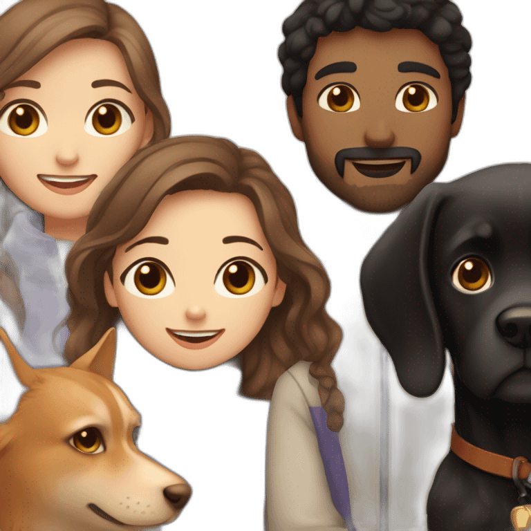 A girl with long brown hair, a guy with black hair and a beard, a small black dog and a cat of golden color with cinnamon emoji