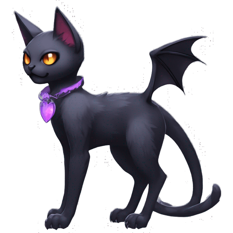   cool edgy beautiful anime-style ethereal dark-punk-themed animal vampiric cat-hybrid Fakemon with fangs and bat-wing-ears with a collar full body emoji