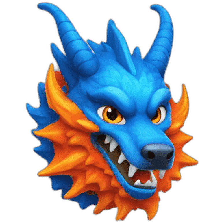 Un dragon mi loup de couleur rouge, bleu, blanc et orange moutardes, avec des corne orange moutard. Il qui crache du feux emoji