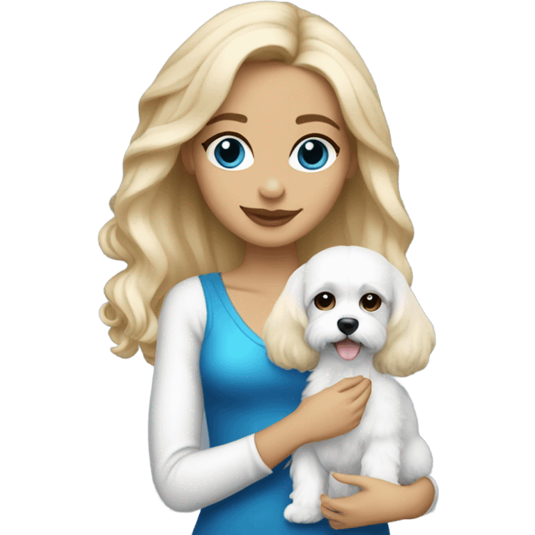 Cute long haired Blonde nightclub girl with blue eyes and holding white cavachon dog emoji