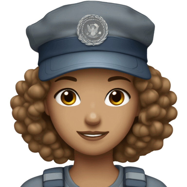 Tumblr girl with curly brown hair tan skin blue eyes military stamp cap and grey shirt emoji