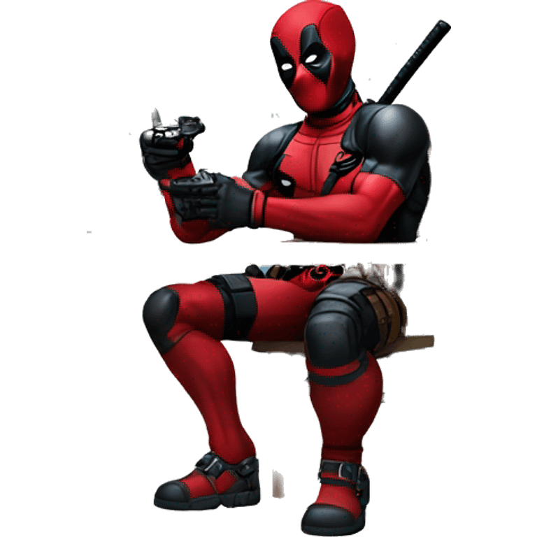 Deadpool holding xbox controller sitting at a desk, front view emoji