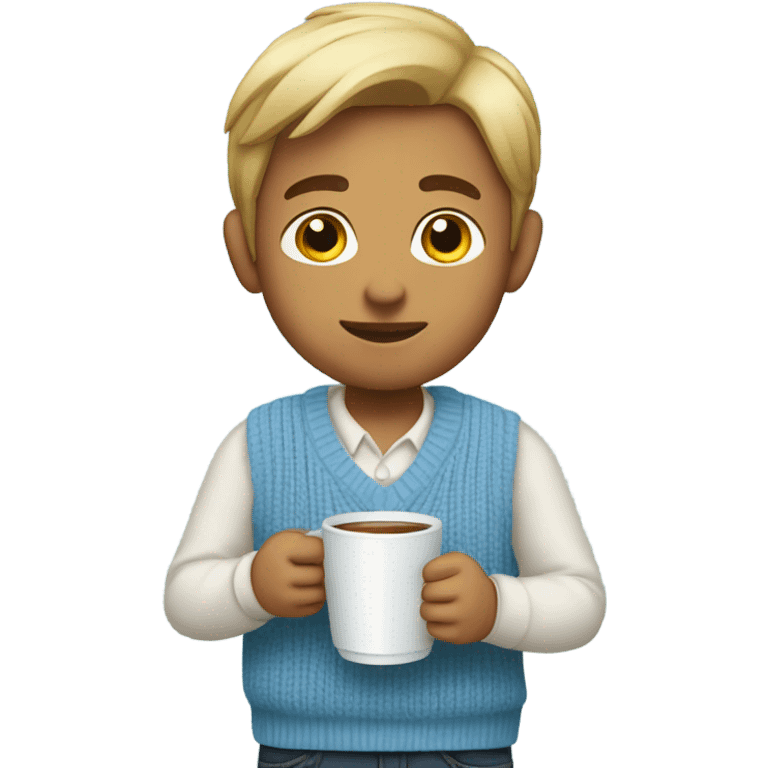 boy in light blue sweater vest holding cup looking at viewer emoji