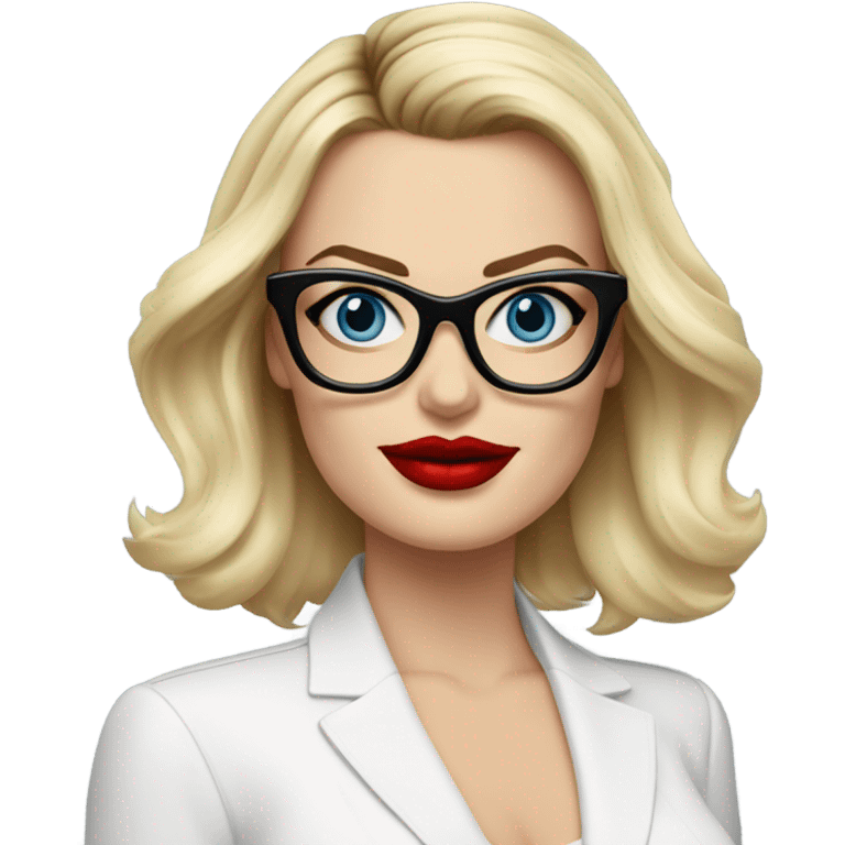 margot robbie, blue eyes, wearing black glasses and red lips  emoji