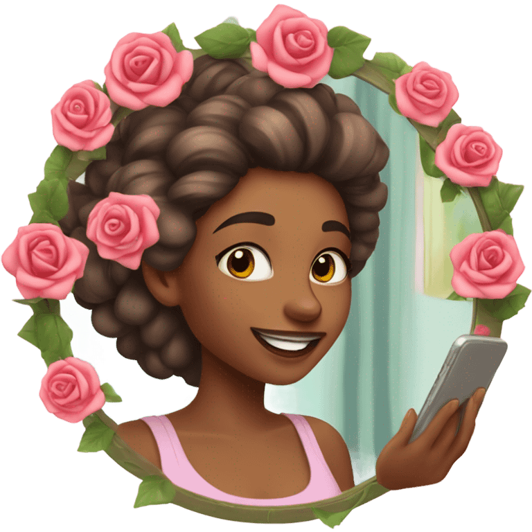 girl taking mirror selfie with roses in her hair look beautiful  emoji