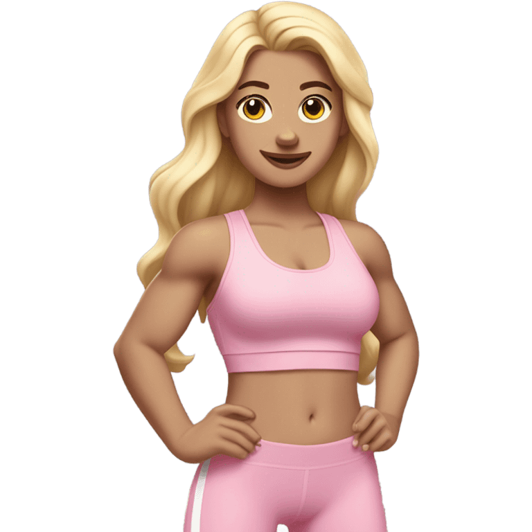 White woman, light skin, long hair, blonde hair, wavy hair, baby pink sports bra, baby pink leggings, flexing one arm emoji