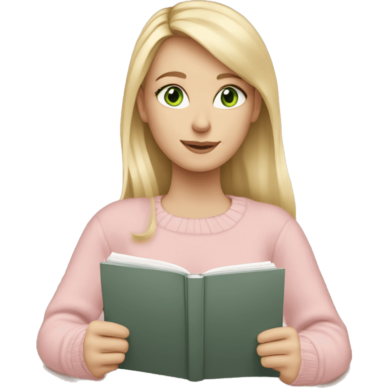 pretty white girl, blonde hair, green eyes studying in a light pink jumper emoji