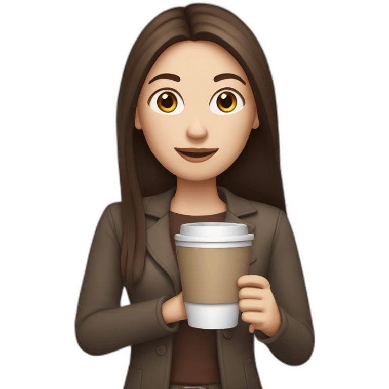 woman with long straight brown hair and pale skin holding a laptop and a coffee mug emoji