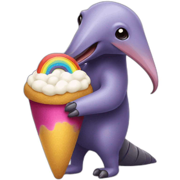 Full body Purple anteater holding a rainbow parfait emoji