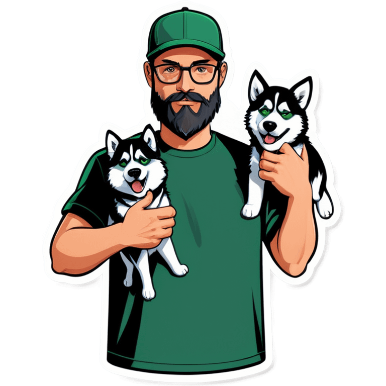 A bold man with a grey baseball cap, green eyes, big beard and glasses holding a husky dog emoji