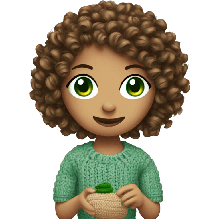 Green eyed Girl with curly hair crocheting a toy emoji