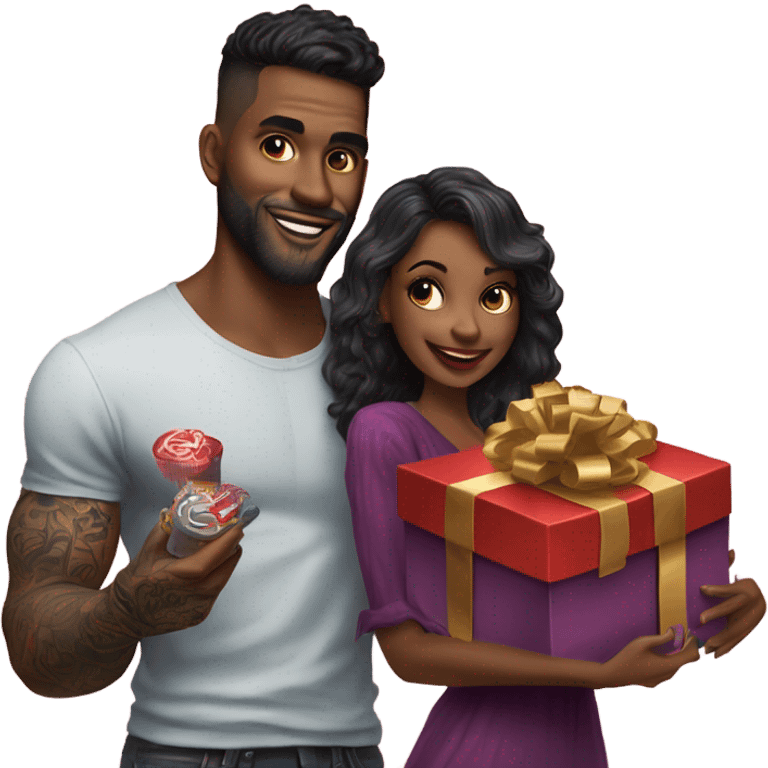 Hyper Realistic beautiful woman receiving a gift and a box of chocolates from a handsome tattooed man  emoji