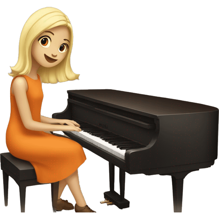 Blonde girl wearing an orange dress playing a brown upright piano emoji