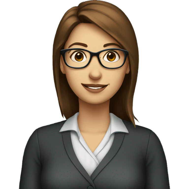 female teacher, blue eyes, brown hair, in front of a blackboard, wearing glasses emoji