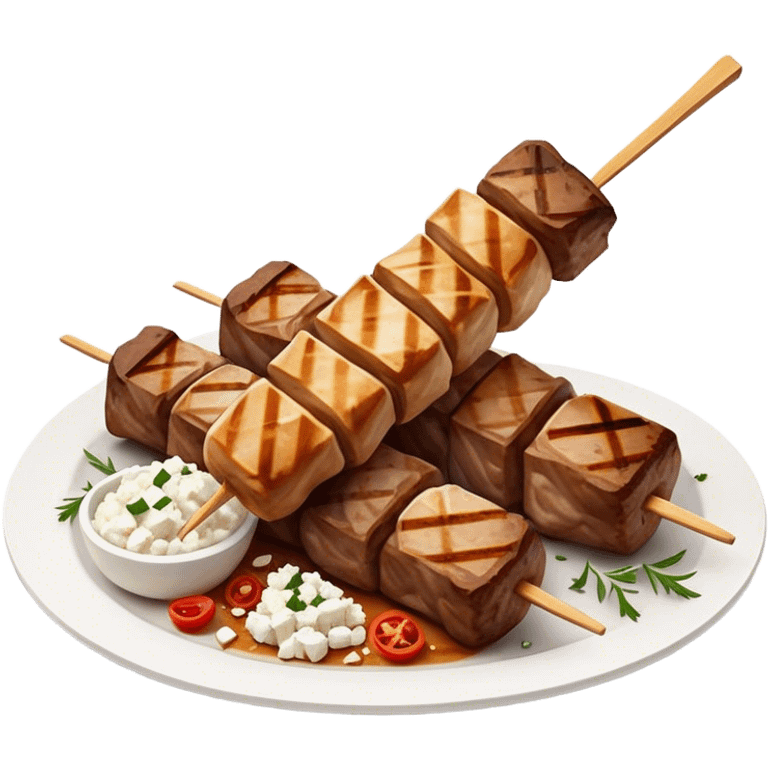 Souvlaki Cinematic Realistic Souvlaki Dish Emoji, depicted as skewered, grilled meat served with a side of crumbled feta cheese, rendered with rich textures and dynamic, appetizing lighting. emoji