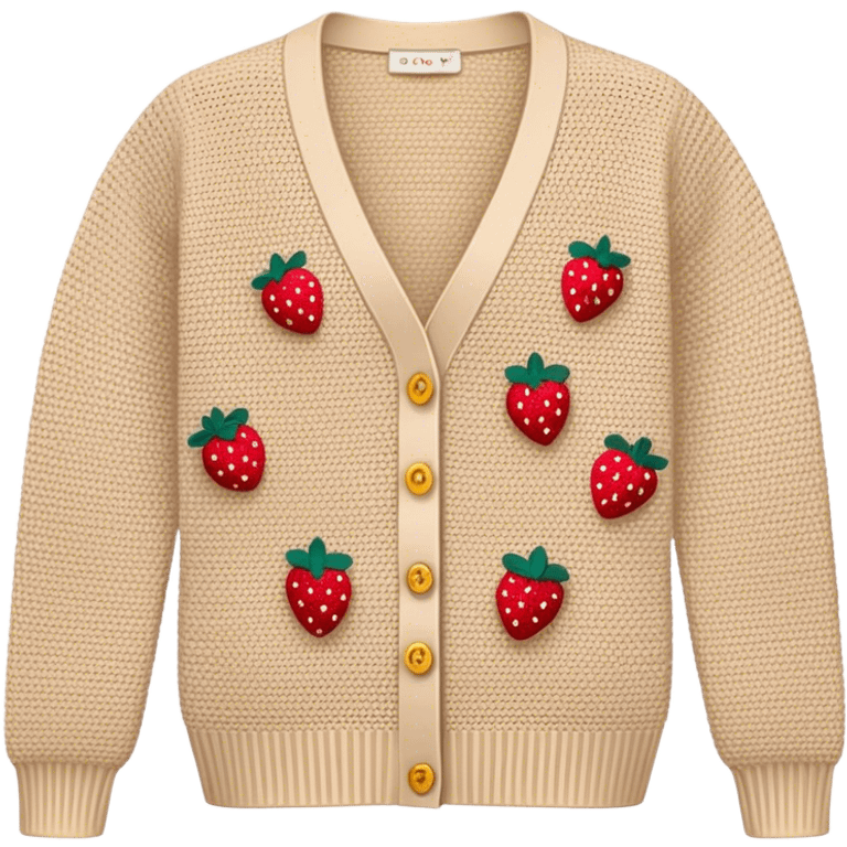 beige crocheted cardigan embroidered with small strawberries emoji