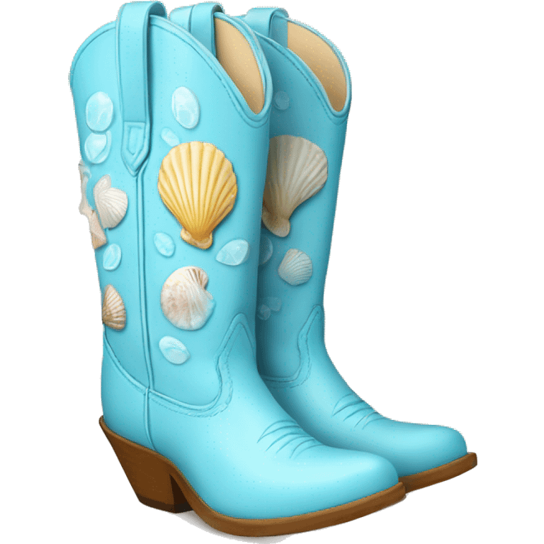 baby blue cowgirl boots with seashell print emoji