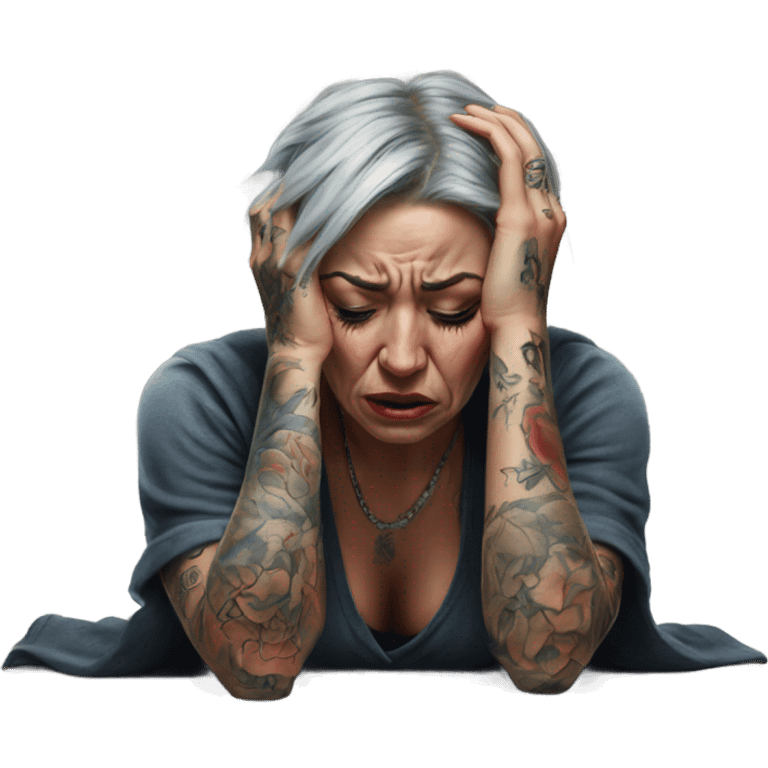 Hyper Realistic Beautiful tattooed woman crying sadly on the floor  emoji