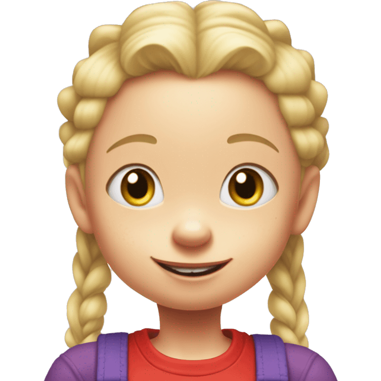 A little blonde girl with pigtails and little purple bows wearing a red long sleeved shirt and purple overalls, rugrats emoji