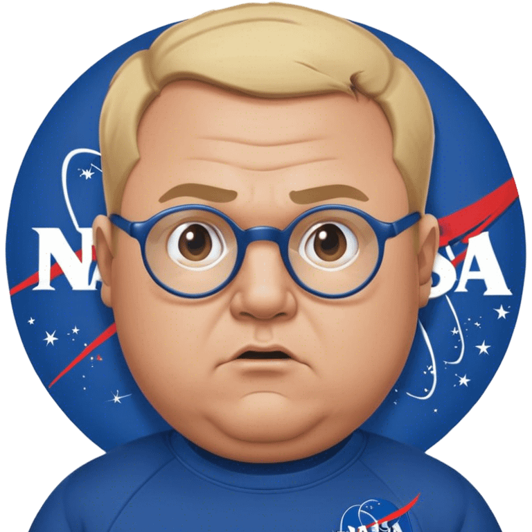 angry chubby man, with blond short and hight receding hairline, wears a dark blue nasa sweatshirt, nasa logo on the breast, round glasses, 40 years old emoji