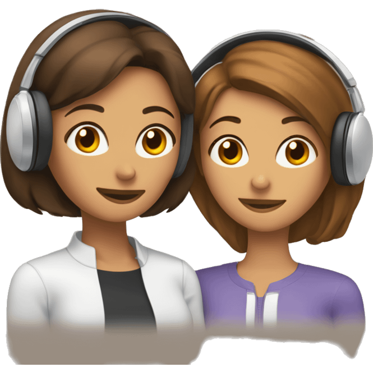 woman with brown, short hair wearing wired headphones sitting next to a woman with long brown hair resting her head on the other woman’s shoulder emoji