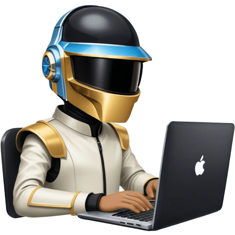 Daftpunk writing code in a laptop with 5 hands emoji