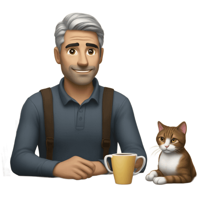 Man and cat sitting at table having coffee emoji