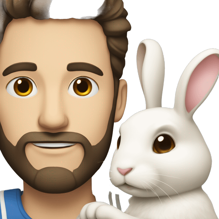 Brunette guy with a beard holds a white rabbit  emoji