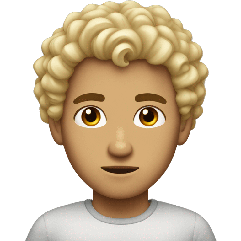 dark brown eyes, very very curly blonde short hair guy, serious face, tan skin emoji