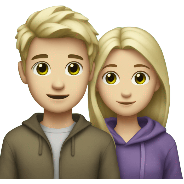 pale skin boy with dirty blond hair and green eyes hugging paleish tannish skin girl with brown eyes and purple hair emoji