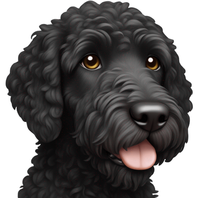 Black labradoodle with white chest patch and chin emoji