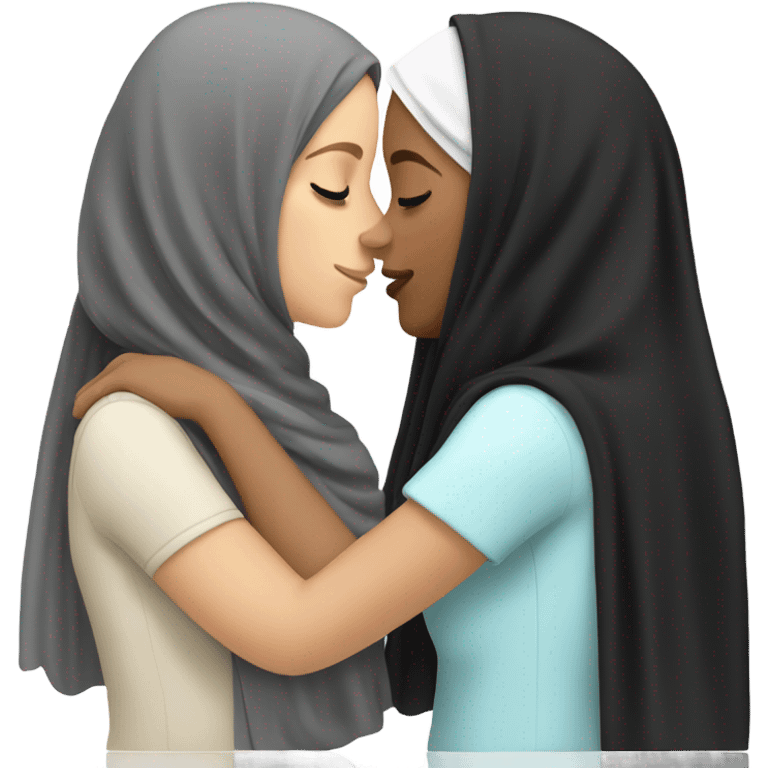 white girl with black hair kissing another white girl with a hijab on her head emoji