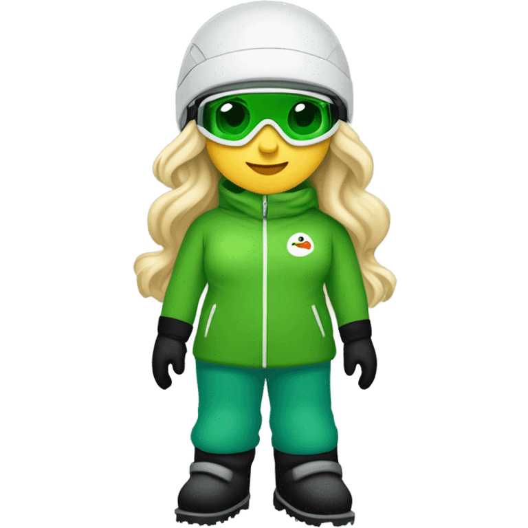 Green-eyed, fat female skier with medium-length straight blonde hair not plaited, snow goggles on helmet, white ski helmet, gray snow jacket, green ski gloves, long black pants rolled up at the bottom, black only snow boots standing tall. emoji