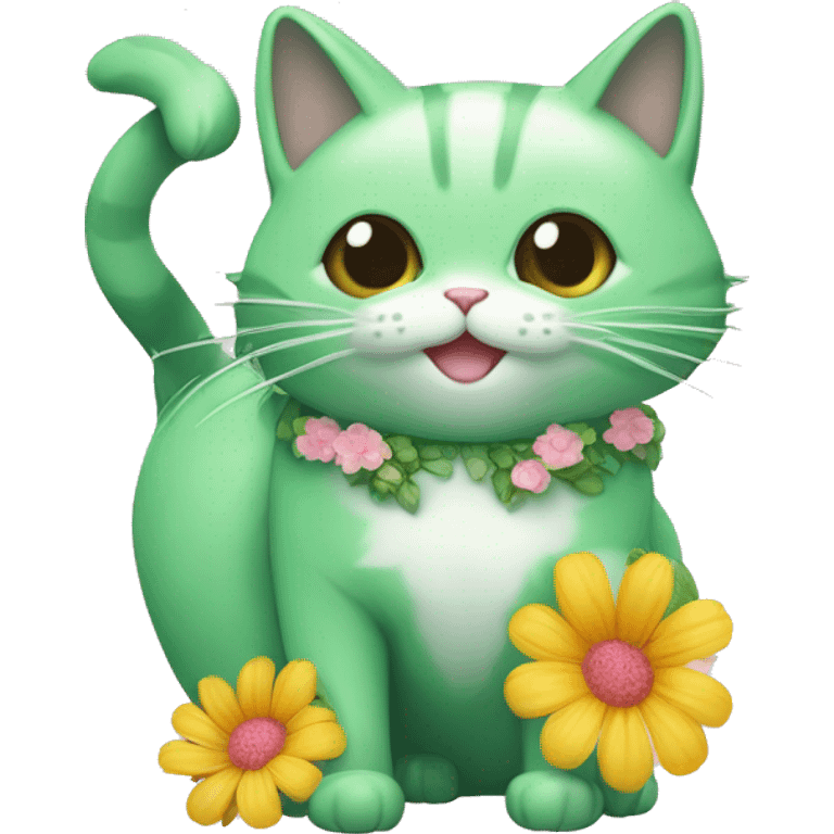 Gatito verde en una pecera con agua azul, un lacito rosa y flores dentro de la pecera ￼ emoji