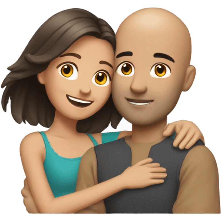 Comforting hug from brunette female to shorter bald male emoji