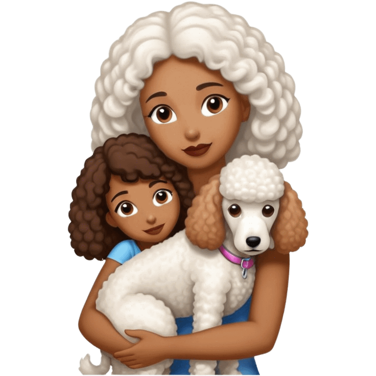 White standard poodle and long-Straight hair brown-skinned woman embrace emoji