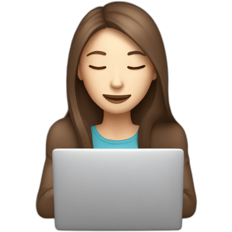 smiling woman with middle brown straight long hair and pale skin eyes closed behind a laptop sipping coffee from a mug emoji