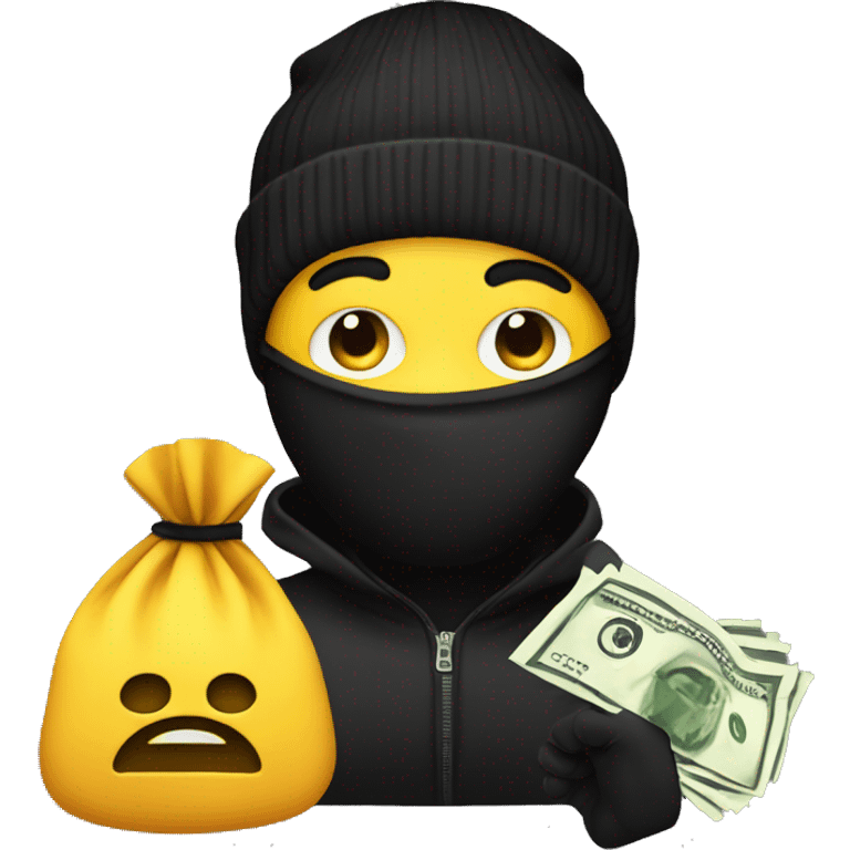 Robber Emoji with a black beanie, black eye mask with holes for his eyes, and a money bag emoji over his shoulder emoji