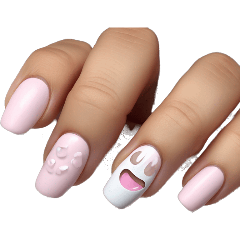 White nails with baby pink nail paint in ring fingers emoji