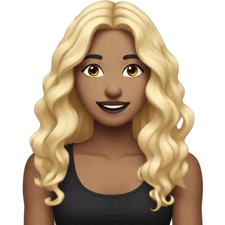 Girl with long wavy blonde hair eyes closed smiling black tank top and black makeup emoji