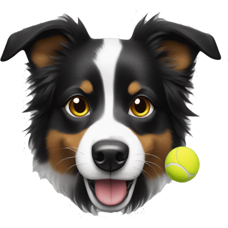 Black with a little white on her short fur border collie dog, red bandana, yellow tennis ball held in mouth emoji