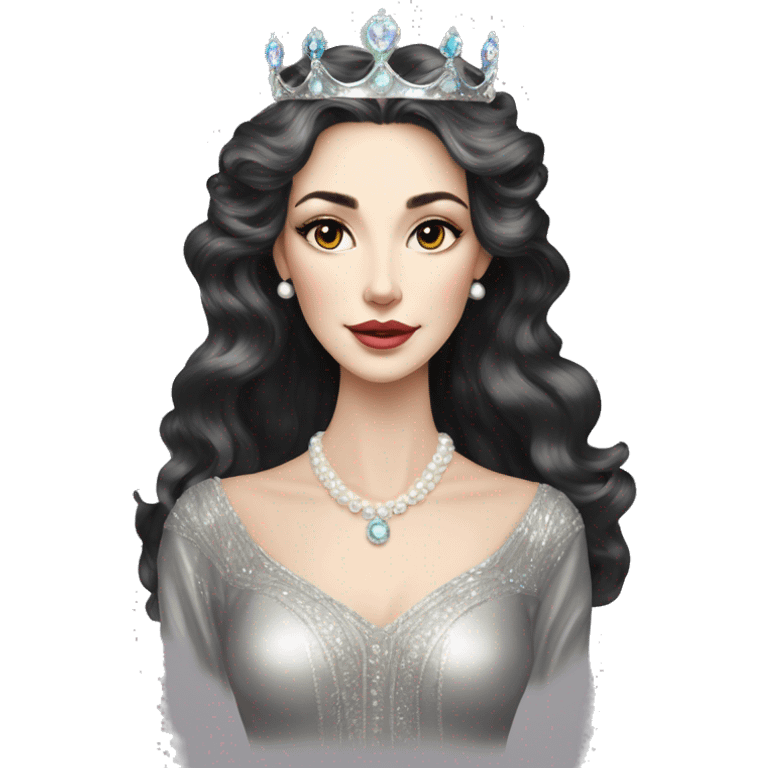 Regal pretty slender middle age woman photograph defined cheekbones high cheekbones crown vintage with very long iridescent black and silver hair wavy long hair pearl crown iridescent emoji