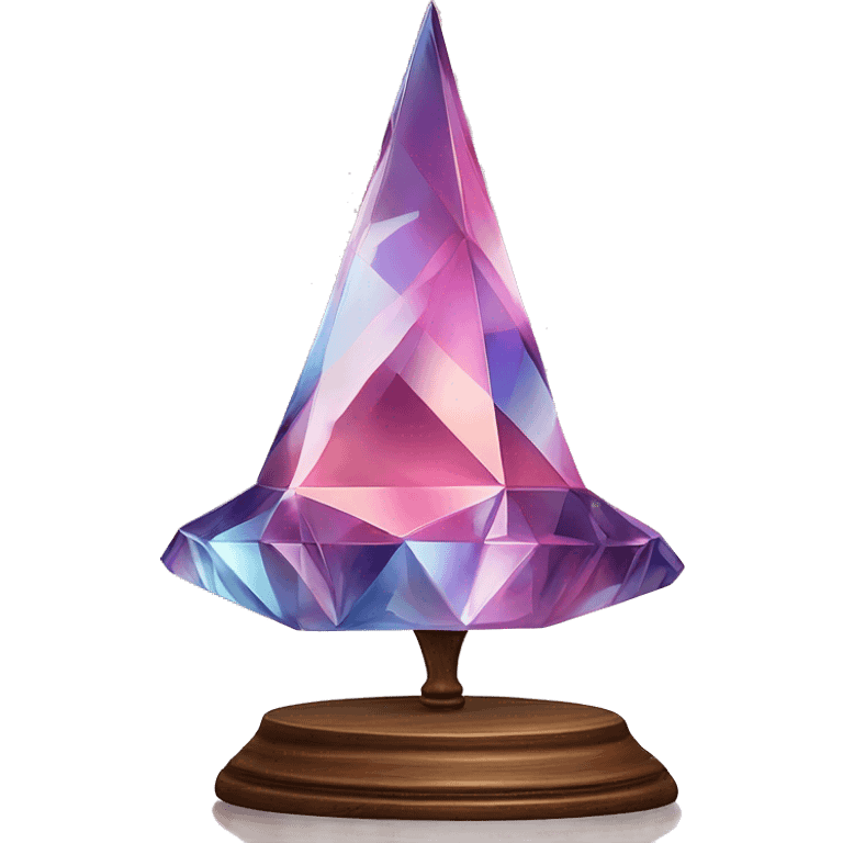 crystal sculpture witch hat with a geometric, faceted design. The hat is standing upright on a wooden stand with angular and baroque features. The vibrant midtone tints of pastels and pink highlights the sharp edges and planes.  emoji