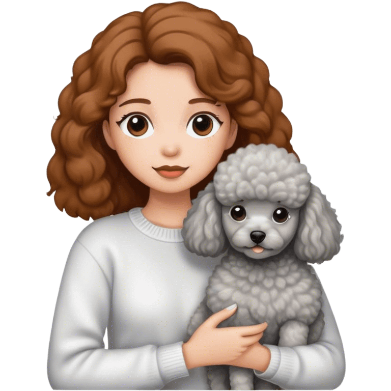 A girl with caramel brown hair holding a grey poodle emoji